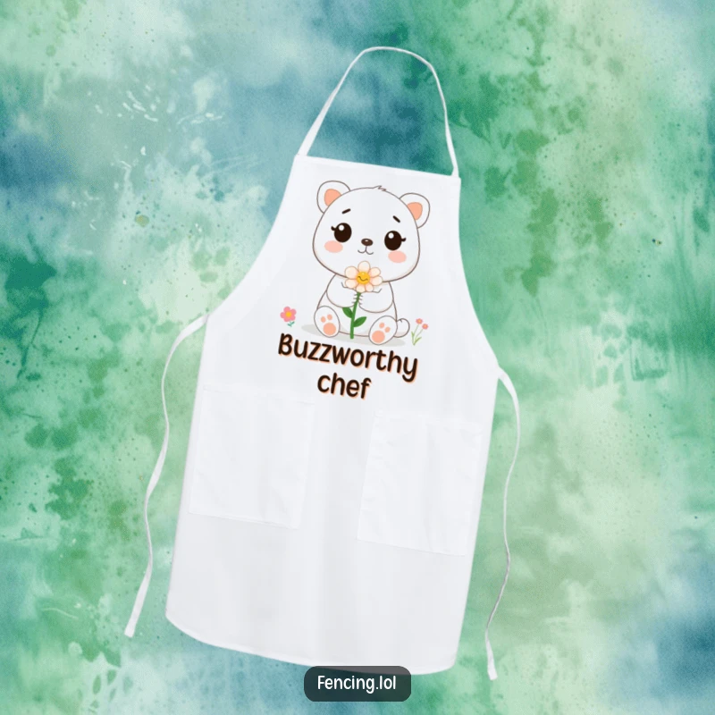 Funny cute animal presenting a flower to a bee, printed on a durable apron, adding humor to kitchen tasks.