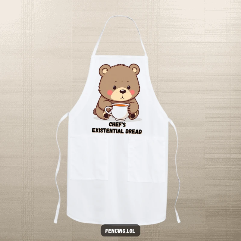 Funny Apron: A bear contemplating its teacup while cooking, bringing humorous introspection and style to kitchen duties for a funny chef.