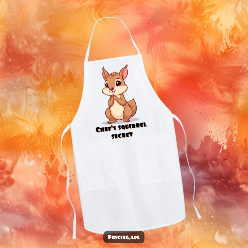 Funny apron with a playful squirrel in a dramatic, intense thinking pose, ready to assist in the kitchen with witty charm.