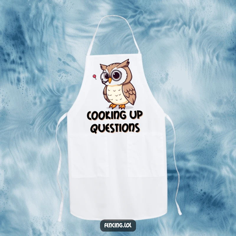 Funny apron with a thoughtful owl wearing a monocle, pondering a question mark, a humorous and practical accessory for the kitchen.