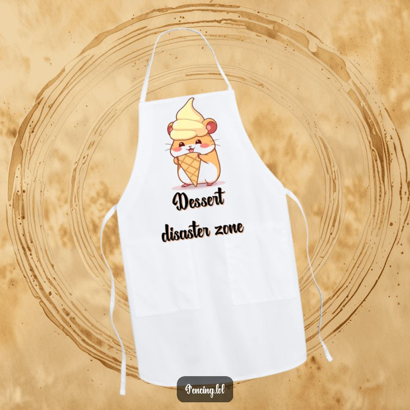 Funny apron with a hamster hilariously attempting to wear a giant ice cream cone, suitable for bakers and dessert lovers.