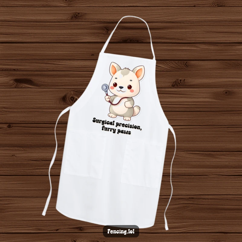 Funny apron, determined animal vet with stethoscope tending to a plush toy, perfect for a humorous kitchen helper.