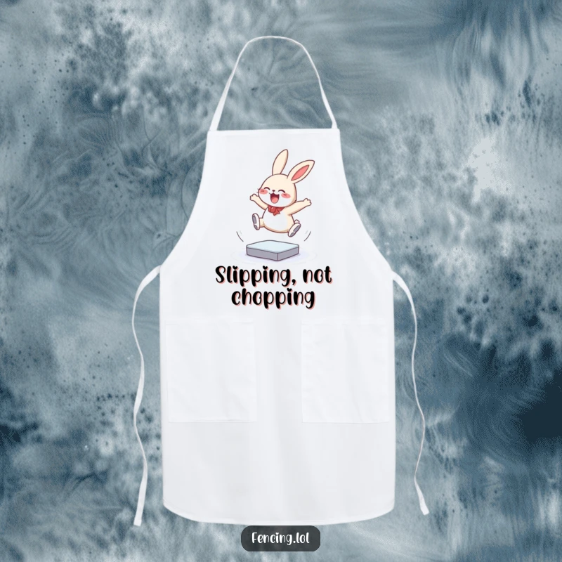 Funny apron with a giggling bunny performing a triple jump on ice, ideal for kitchen use, adding a touch of humorous athleticism and charm, a lovely gift.