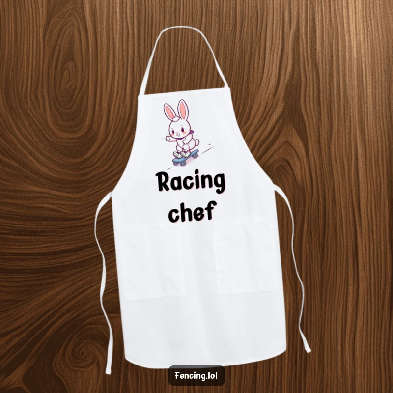 Funny bunny roller skater apron, showing a cute rabbit gliding down a slope on roller skates, great for kitchen use.