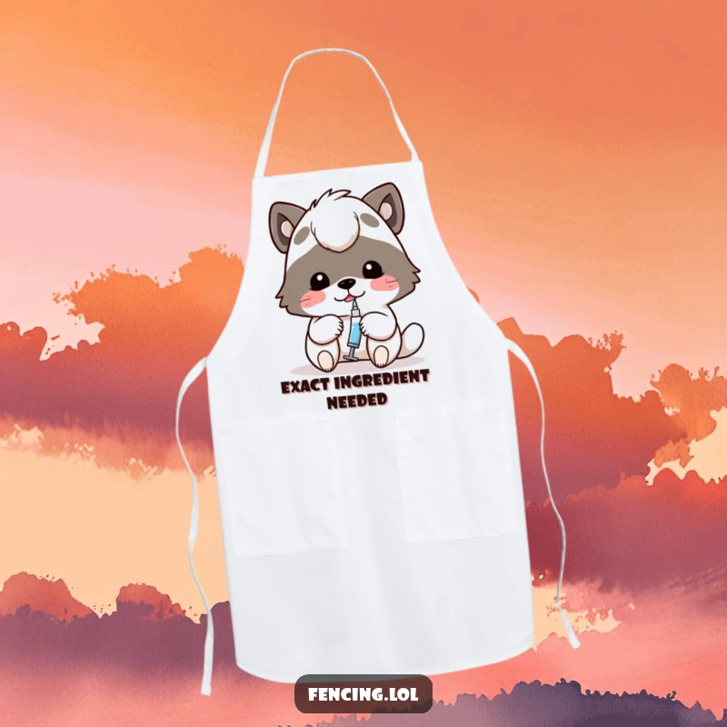 Funny apron depicting a determined animal carefully using a tiny syringe, designed for humorous and precise culinary adventures.