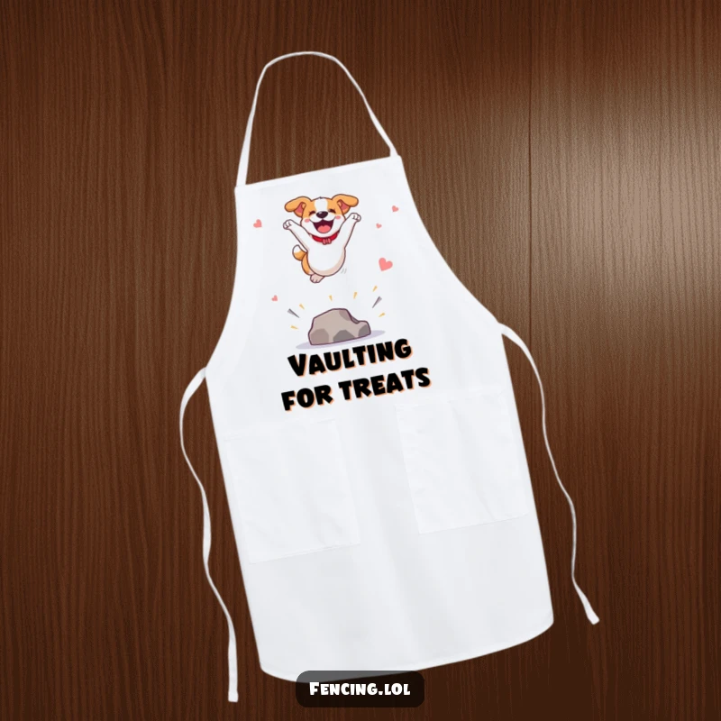 Funny apron depicting a joyful dog leaping high in a spectacular vault, perfect for adding dynamic humor to kitchen activities.