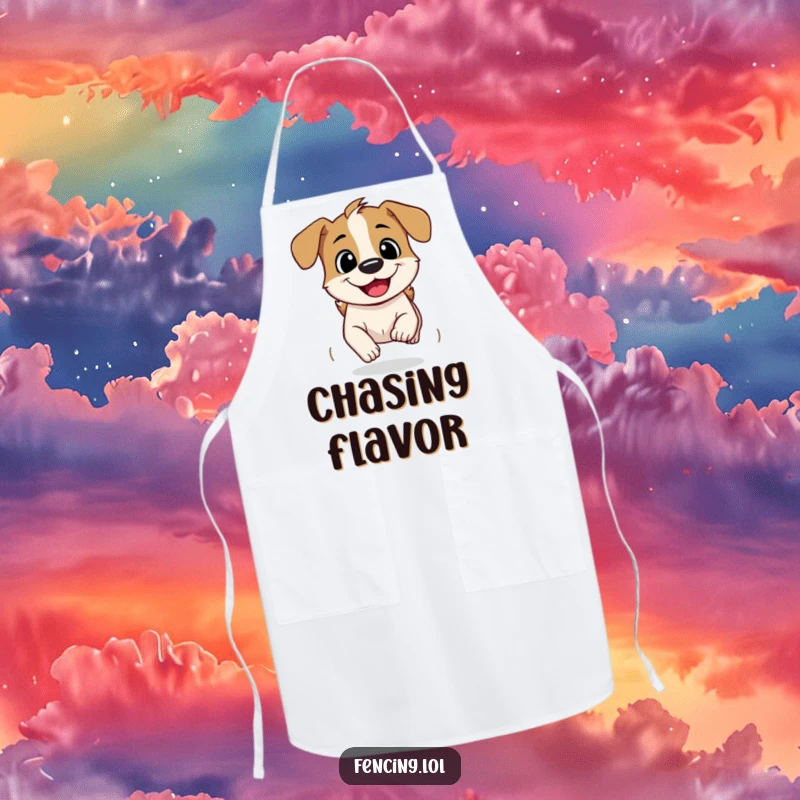Funny Apron: A curious dog speeding ahead with a grin, a fun and functional kitchen accessory for speedy cooks.