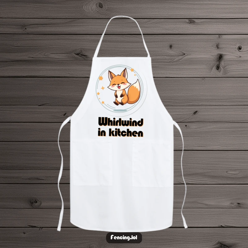 Funny apron illustration of a determined fox spinning in a circle with a look of pure, unadulterated delight.