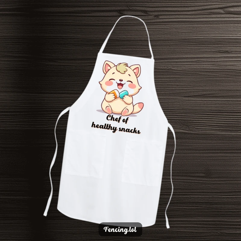 Funny apron, joyful animal gently administering a colorful pill, a humorous and practical accessory for the kitchen.