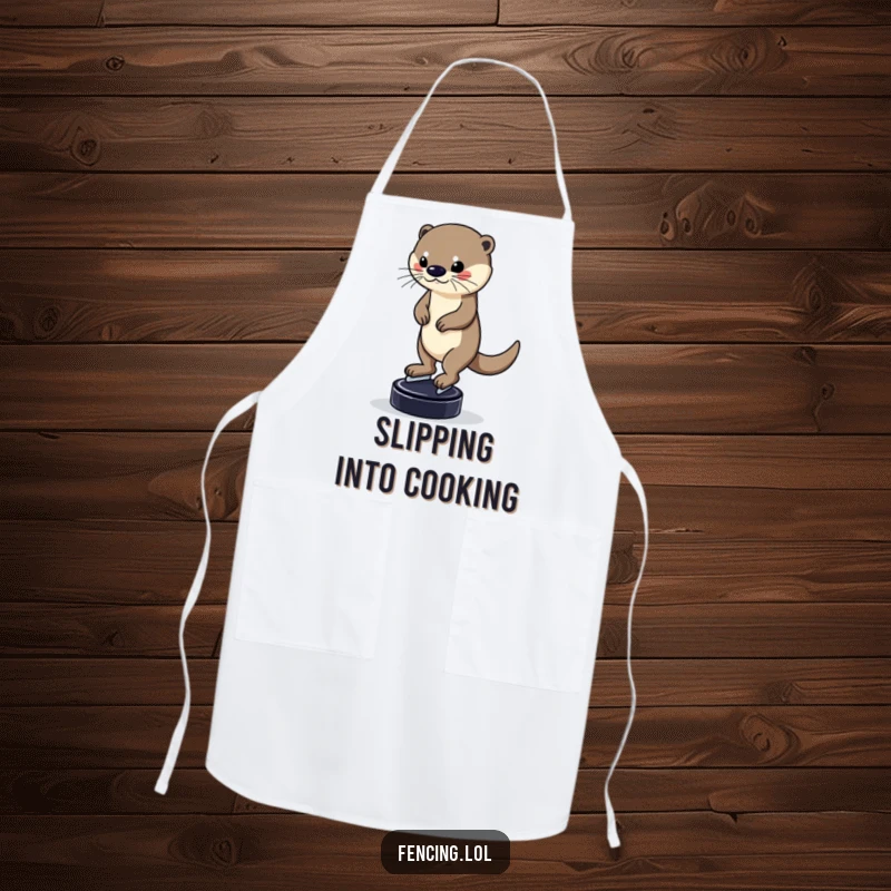 Funny apron with a determined otter balancing on a puck while skating, ideal for kitchen use, adding a touch of humorous skill and charm, a lovely gift.