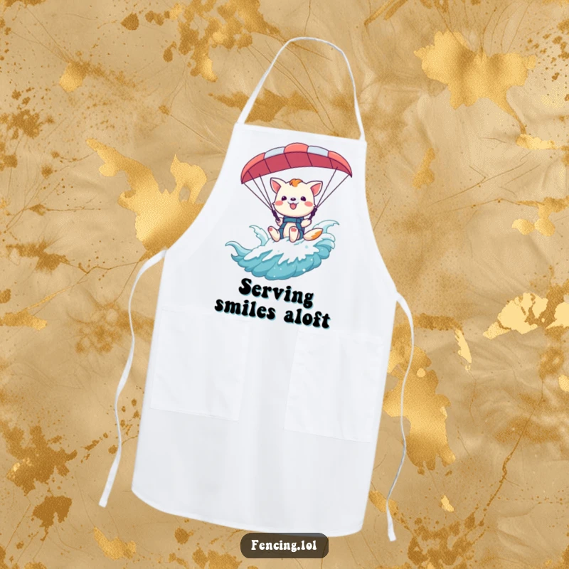 Funny playful animal waving from a paraglider harness on a kitchen apron, perfect for cooks who love fun.