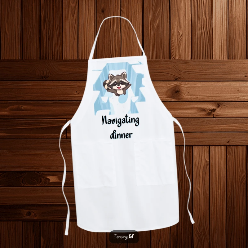Funny Raccoon Ice Maze Apron: A determined raccoon expertly navigating an ice maze, ready for kitchen tasks.