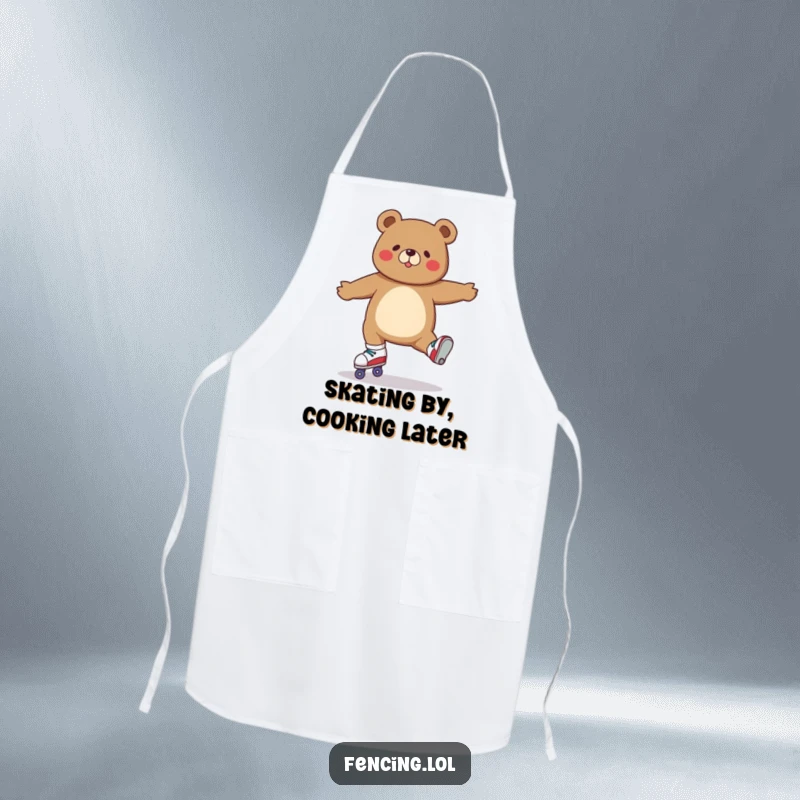 Funny apron featuring a determined bear in a dynamic split on roller skates, ready to tackle any culinary challenge.