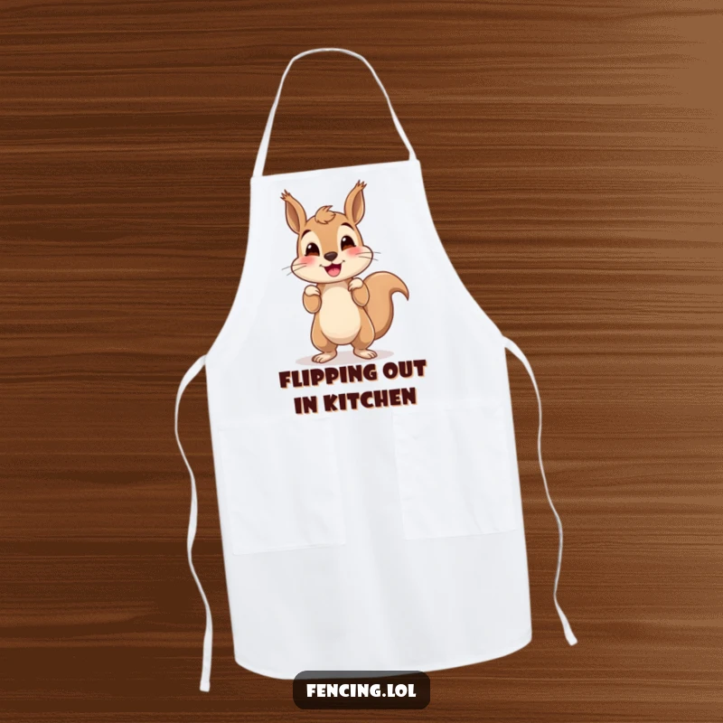 Funny squirrel apron showing a smiling squirrel attempting a handstand while cooking, bringing humor to the kitchen space.