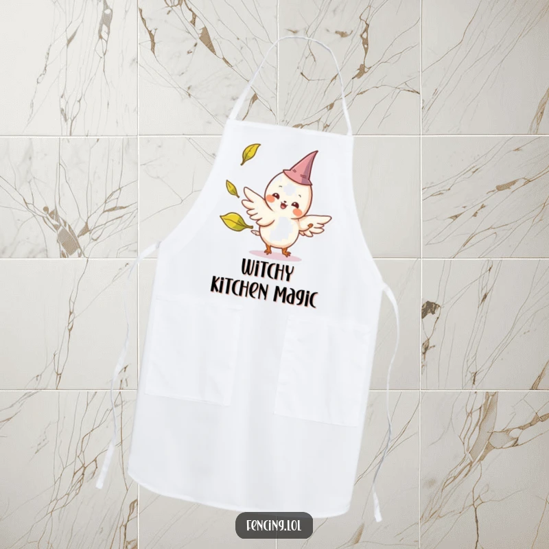 Funny kitchen apron with a cheerful, winged creature wearing a tiny pointed hat parrying a playfully tossed leaf, a humorous cooking accessory.