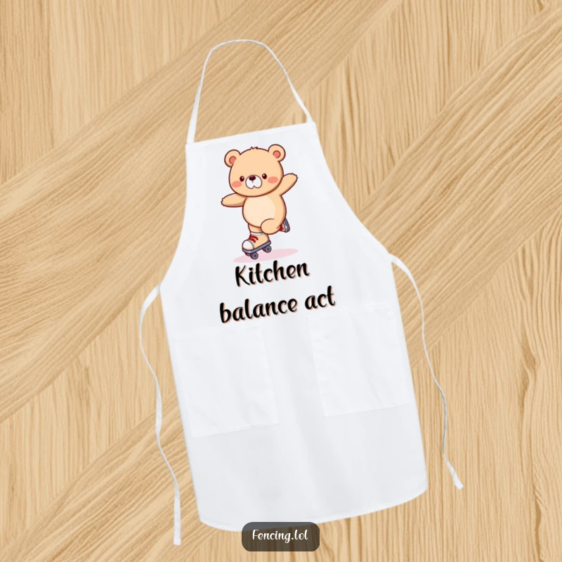 Funny apron showing a wobbly bear tumbling while attempting roller skating tricks, a comical kitchen mishap.