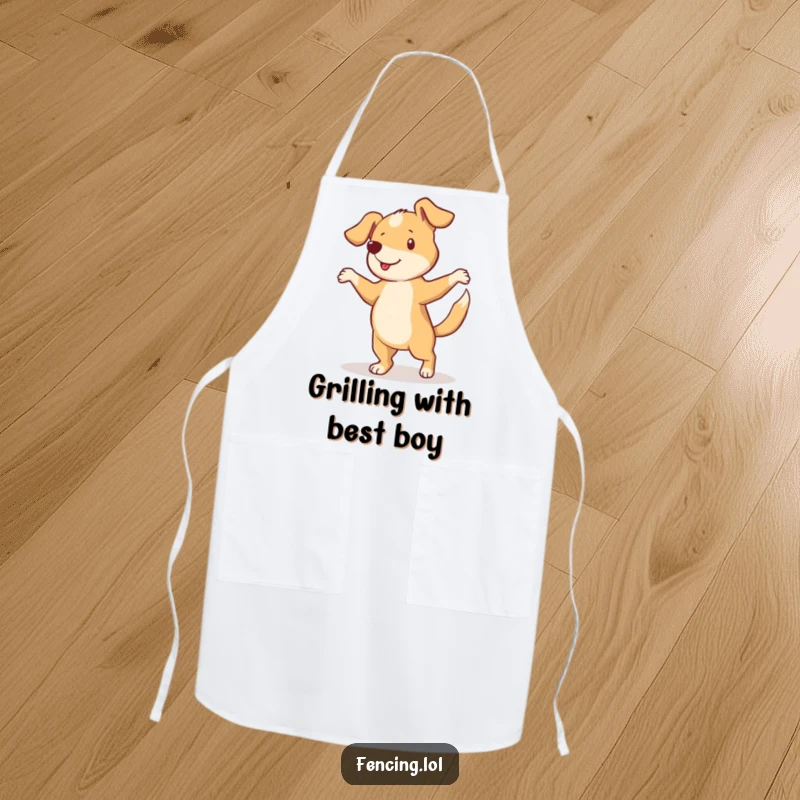 Funny apron showing a curious dog performing a pirouette with a wagging tail, ready for kitchen fun.