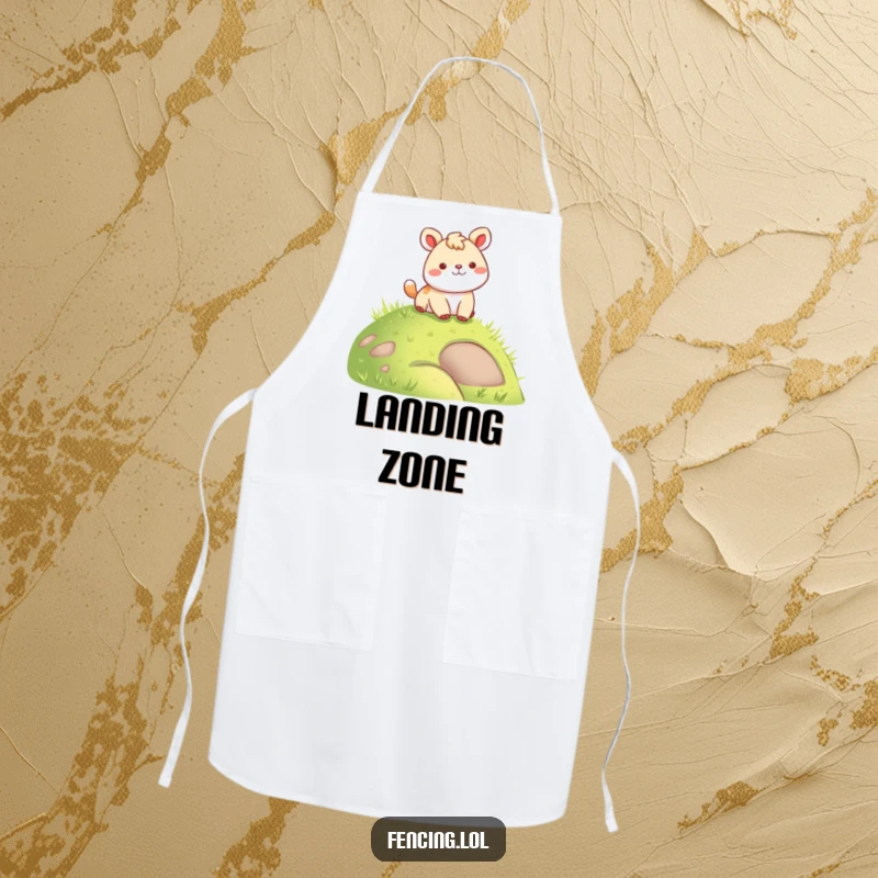 Funny apron featuring a happy animal's graceful landing on a green hill, ideal for kitchen protection with a humorous touch.