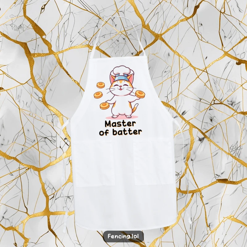 Funny apron with a cat chef juggling flying pancakes, suitable for cooks and breakfast lovers.