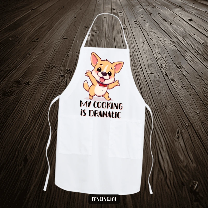 Funny wobbly dog apron, tripping while gesturing, enthusiastic cooking, humorous kitchen wear, perfect gift.