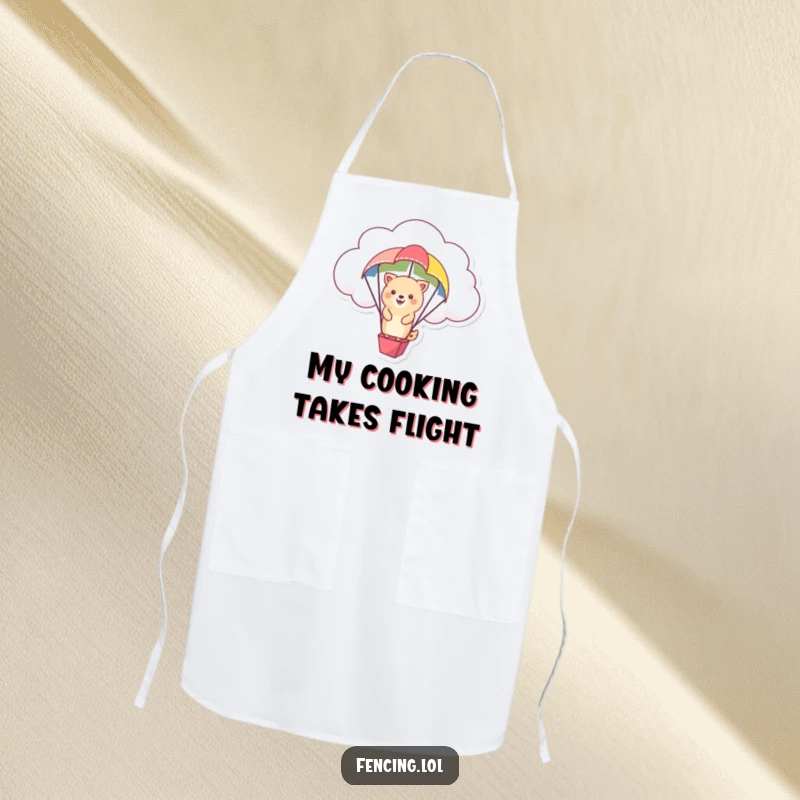 Funny apron with a happy animal on a colorful parachute, floating from a cloud.