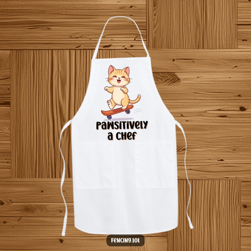 Funny apron showing a playful cat gliding gracefully on a single skate, ready to help in the kitchen.