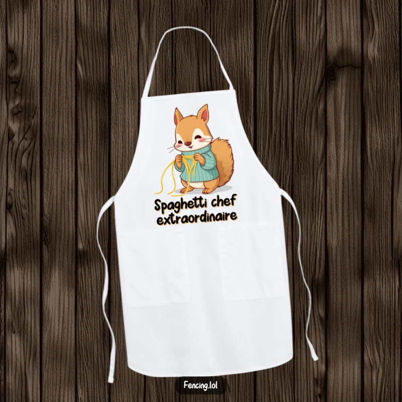 Funny squirrel apron, hilariously knitting with spaghetti strands, perfect for adding humor to kitchen tasks.