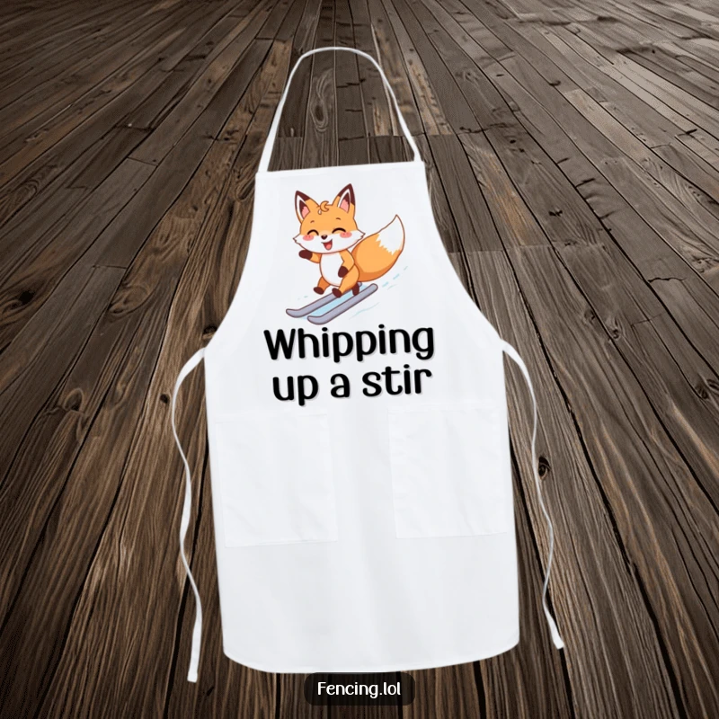 Funny apron with a happy fox zipping around an ice rink, ready for culinary adventures with a joyful expression.