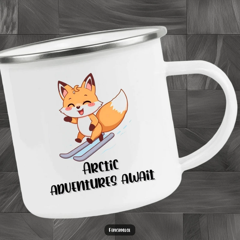 Funny camping mug with a happy fox zipping around an ice rink, ready for outdoor excursions and good times.