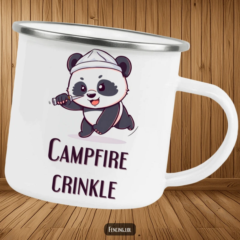 Funny enamel camping mug with a determined, small panda wearing a tiny foil hat lunging forward with a foil, perfect for outdoor humor.