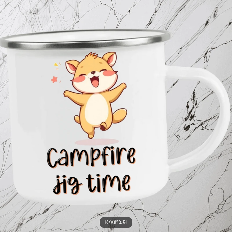 Funny Giggling Animal Dancing Camping Mug: A giggling animal dances in the air, for outdoor enjoyment.