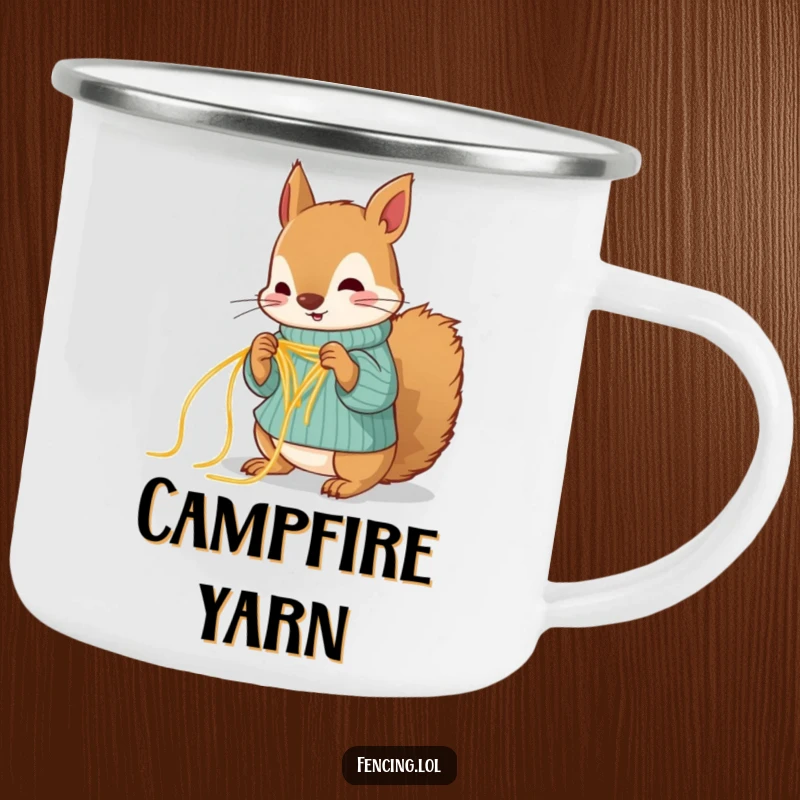 Funny squirrel camping mug, humorously knitting with spaghetti, ready for outdoor adventures and crafting laughs.