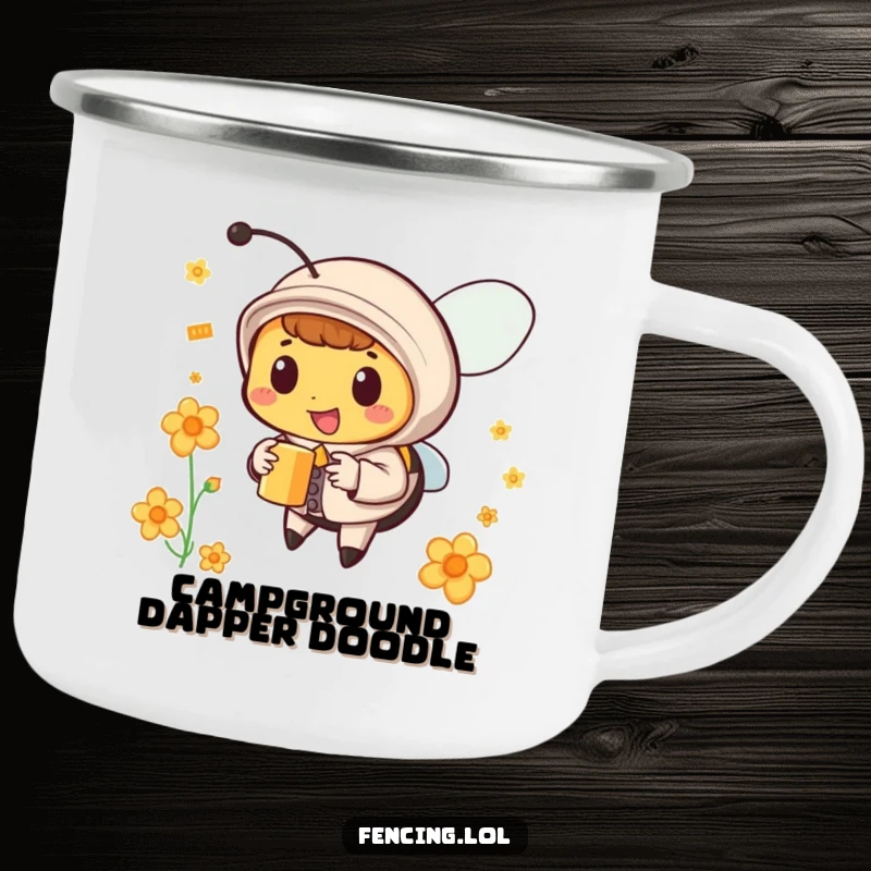 Funny bee camping mug showing a dapper bee in a suit collecting nectar, ideal funny gift.