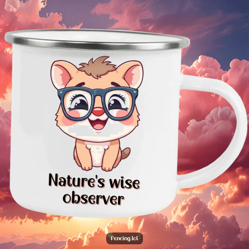 Funny camping mug with a giggling animal wearing oversized glasses, perfect for outdoor enthusiasts who love humor.