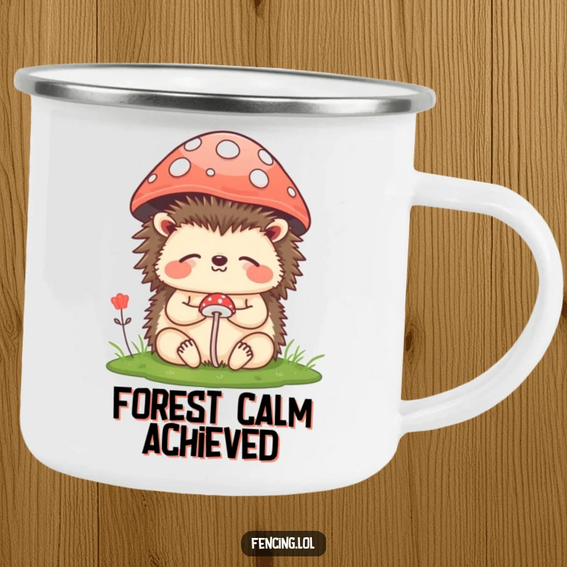 Funny Camping Mug: A happy hedgehog meditating peacefully under a mushroom, perfect for enjoying drinks outdoors with a humorous touch.
