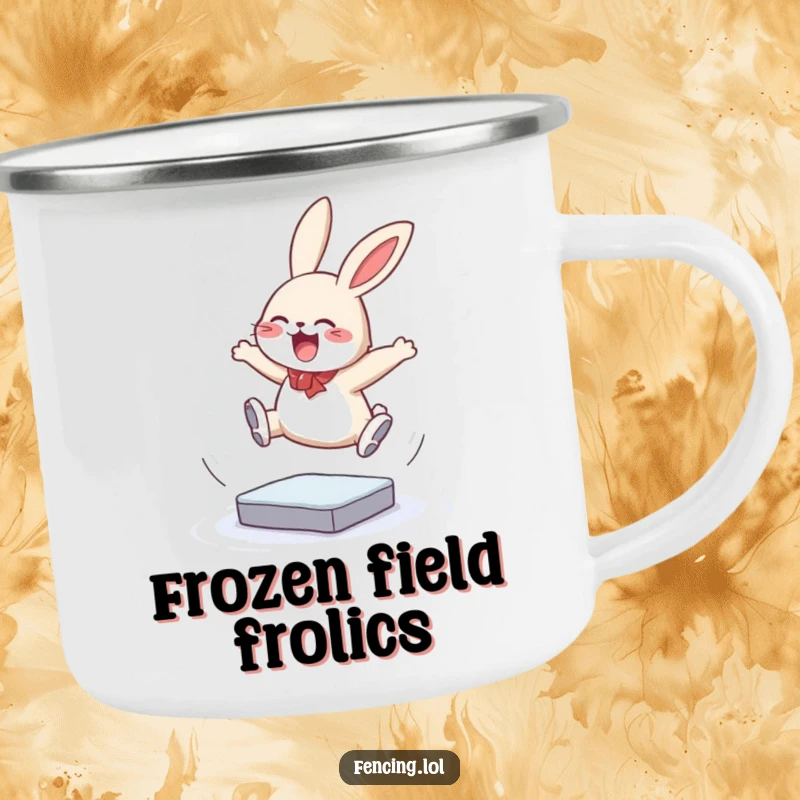 Funny camping mug with a giggling bunny performing a triple jump on ice, designed for outdoor use and adding a touch of athletic humor, a fantastic gift.