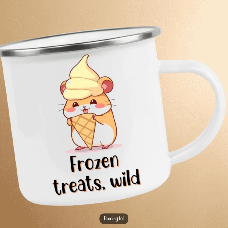 Funny enamel camping mug with a hamster hilariously attempting to wear a giant ice cream cone, perfect for outdoor enthusiasts.