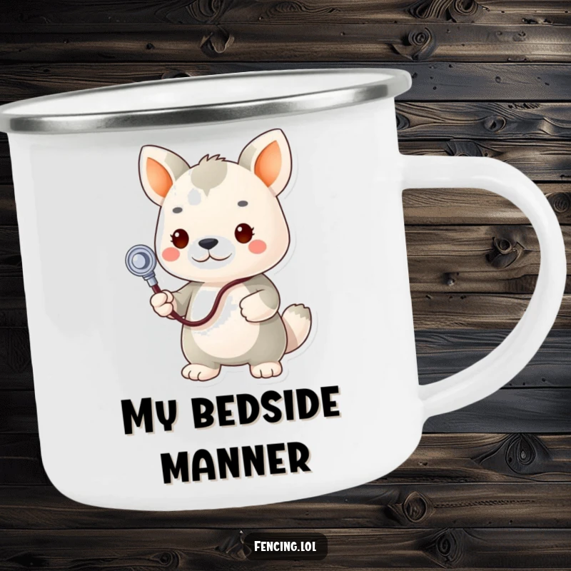 Funny camping mug, determined animal vet with stethoscope examining plush toy, for outdoor humor and warmth.