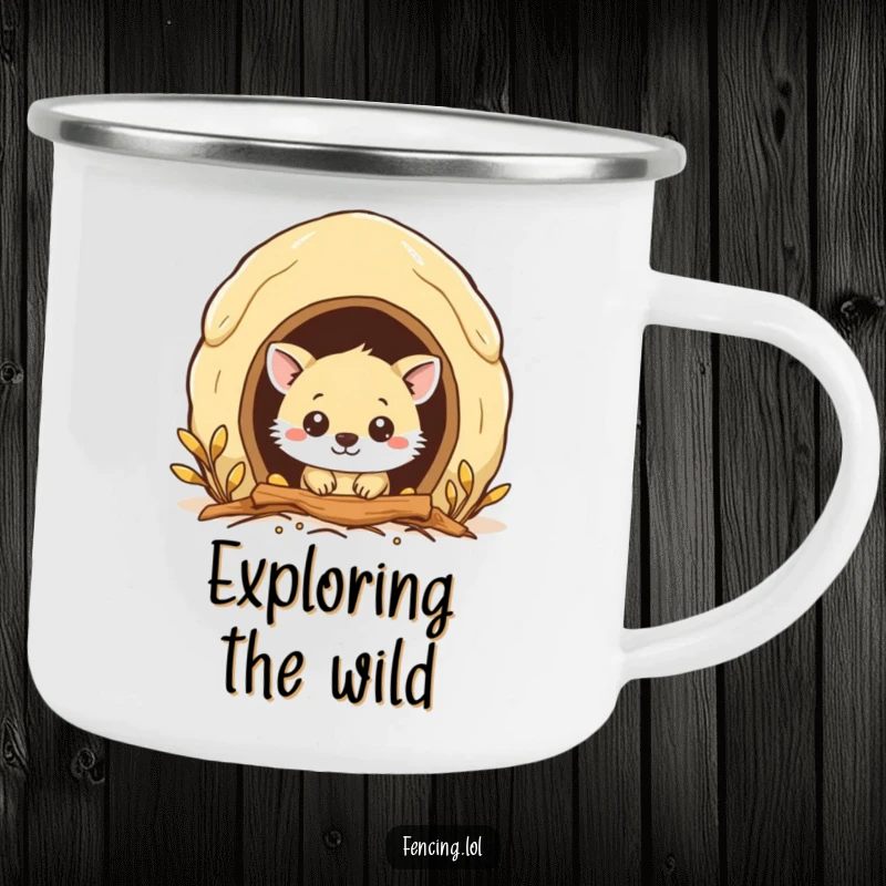 Funny camping mug with a curious animal peeking into a beehive, great for outdoor curiosity and humor.