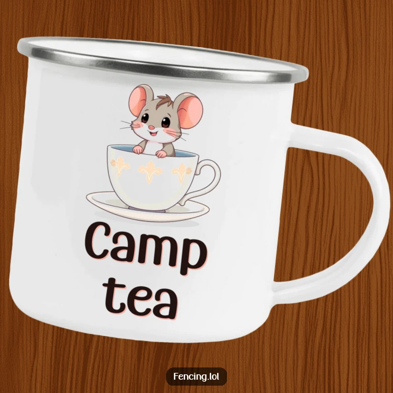 Funny brave mouse camping mug, sitting bravely in a teacup, ready for outdoor adventures and encouraging laughs.