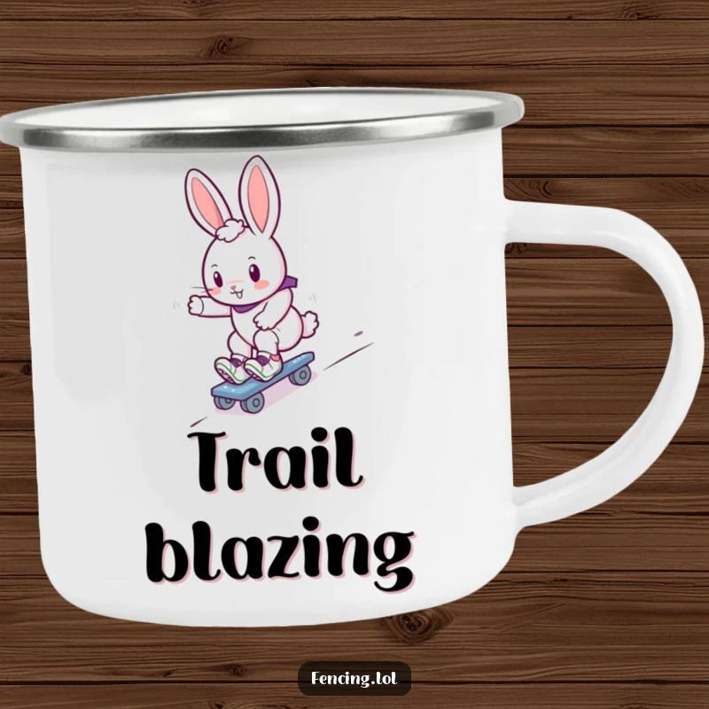 Funny bunny roller skater camping mug, enamel cup showing a cute rabbit gliding on roller skates, durable for outdoors.