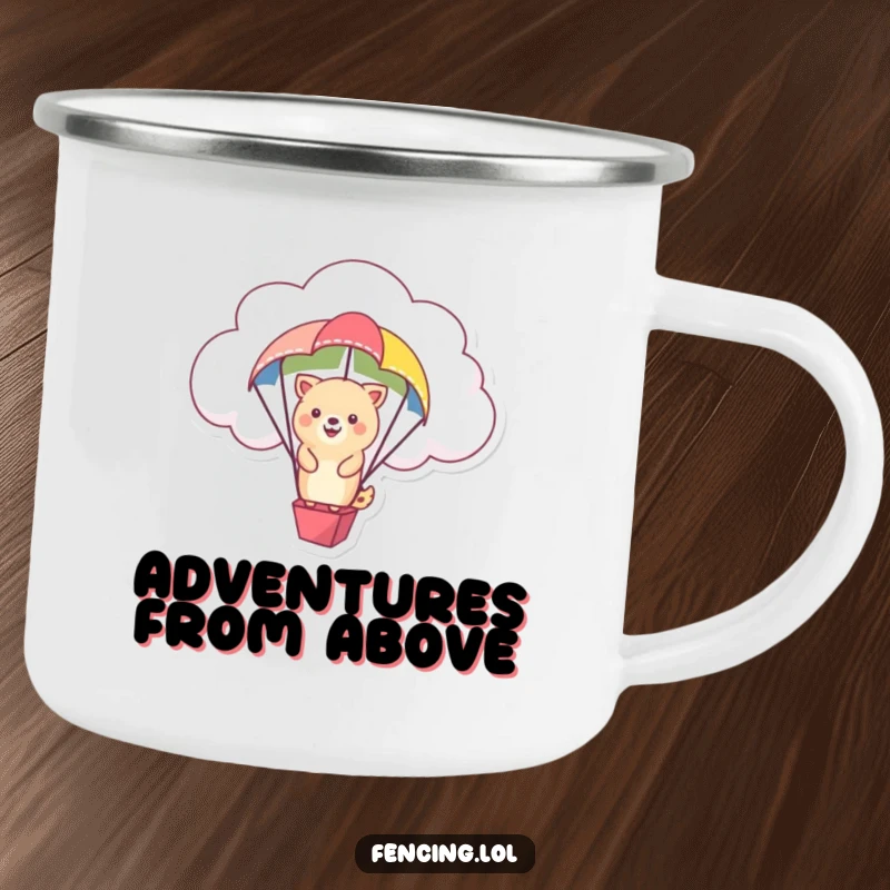 Funny camping mug featuring a happy animal on a colorful parachute, floating from a cloud.