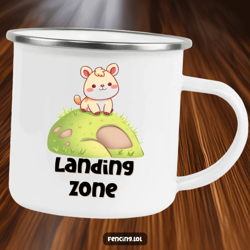 Funny camping mug with a cheerful animal landing softly on a grassy hill, designed for outdoor enjoyment and humor.