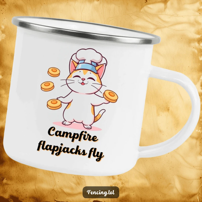 Funny enamel camping mug with a cat chef juggling pancakes, perfect for outdoor dining and food enthusiasts.