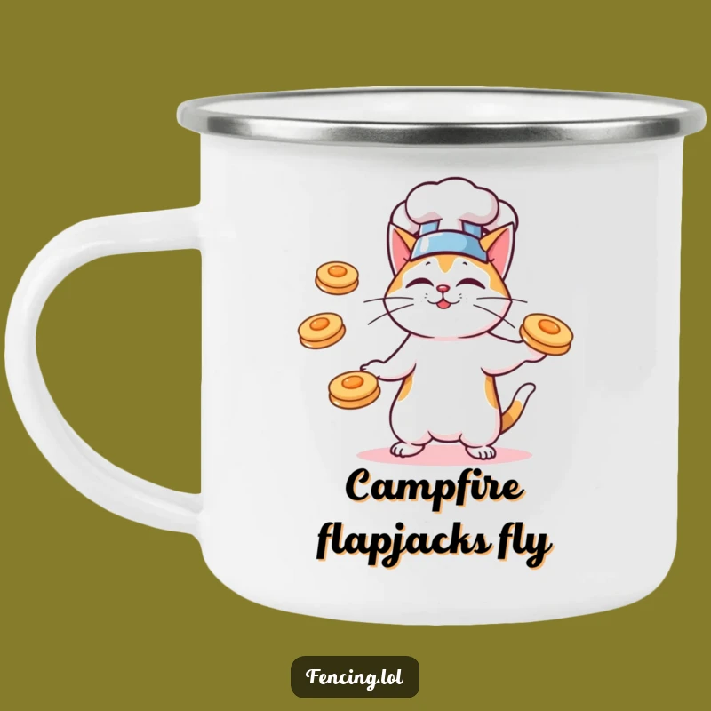 Funny Chef Cat Pancake Camping Mug, Hilarious Breakfast Enamel Cup, Outdoor Foodie Gift
