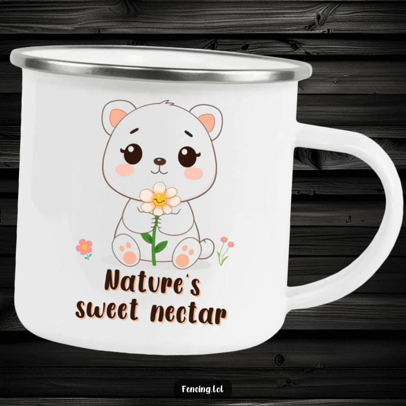 Funny cute animal offers a flower to a bee on a rugged camping mug, perfect for enjoying beverages in nature.