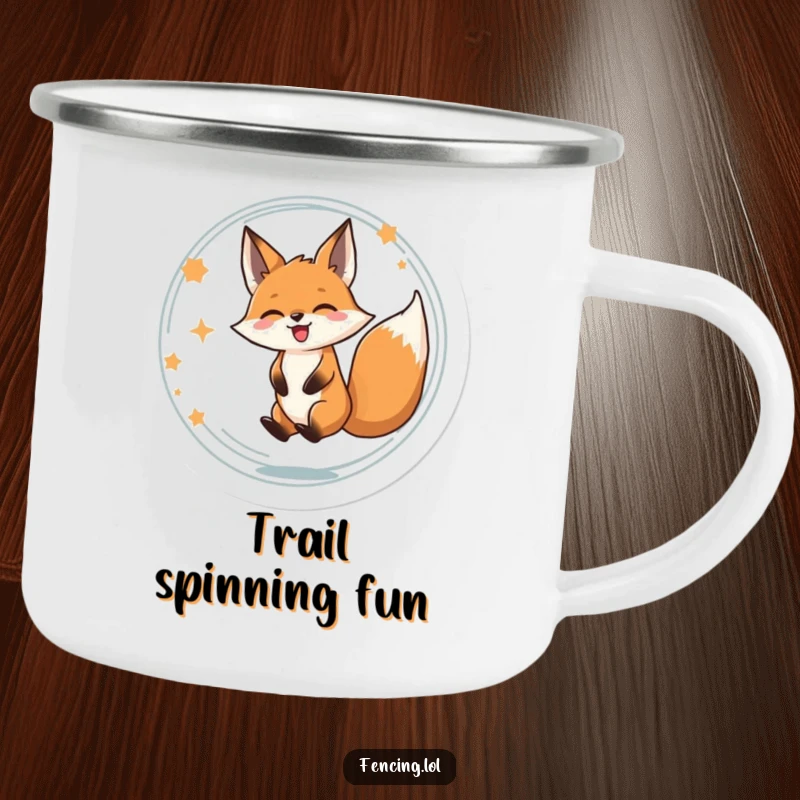 Funny camping mug showing a determined fox spinning with pure delight, capturing a moment of outdoor happiness.