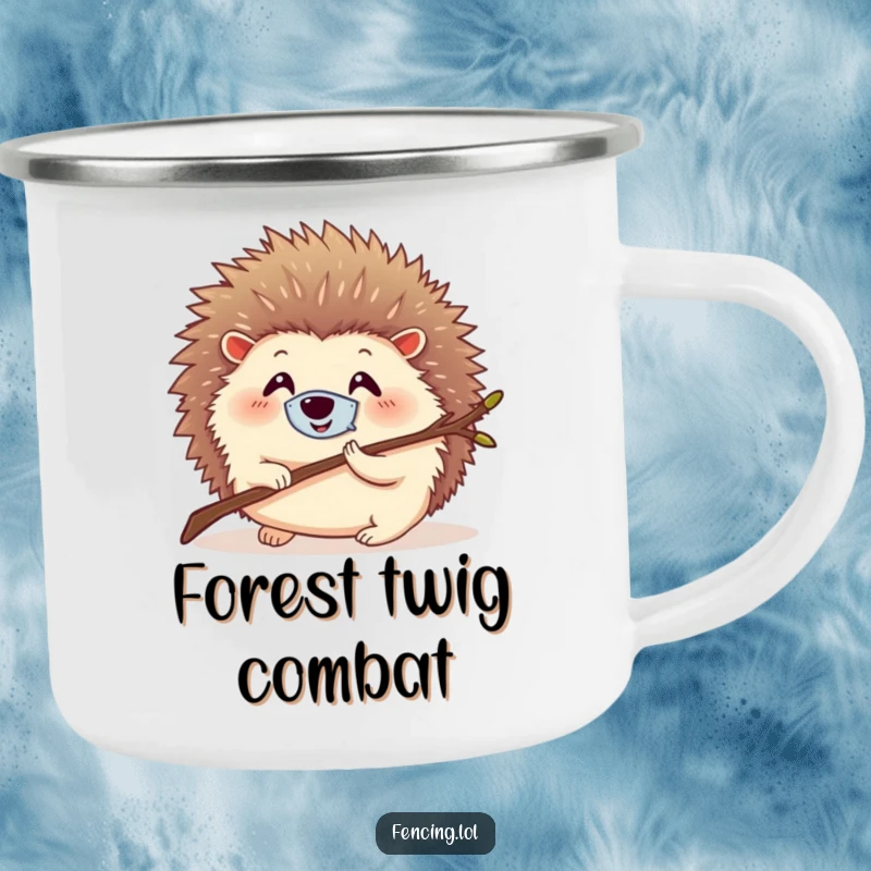 Funny camping mug with a round, smiling hedgehog wearing a tiny mask, lunging with a twig, for outdoor enjoyment.