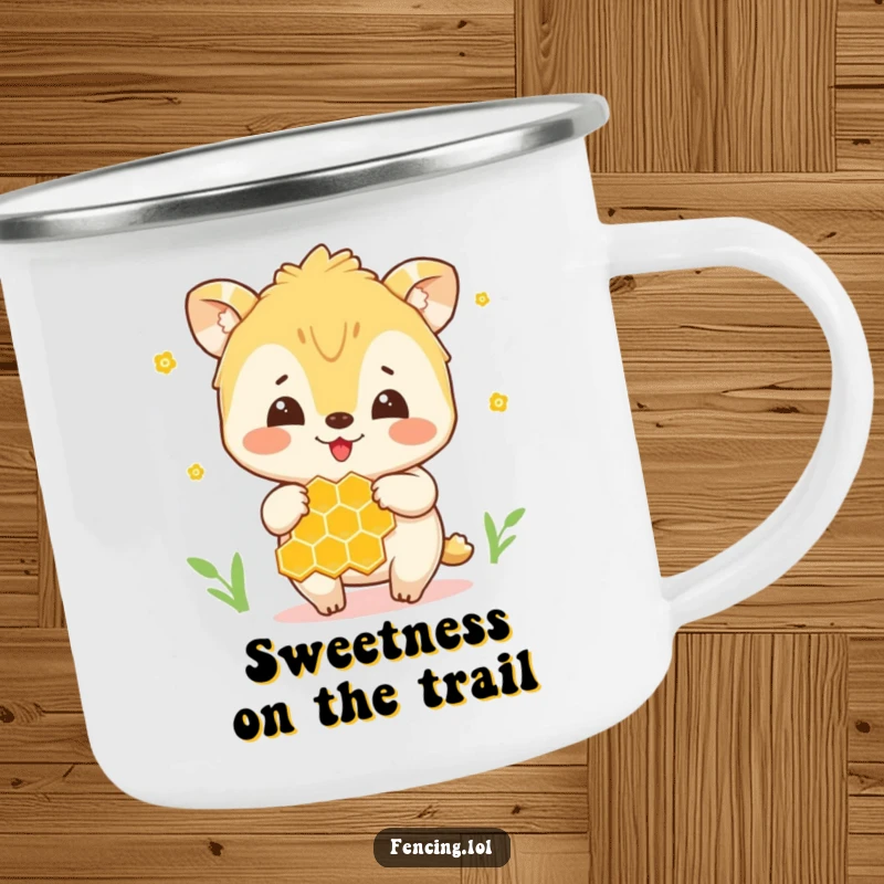 Funny camping mug with a happy animal holding a honeycomb, great for outdoor enjoyment and sweet memories.