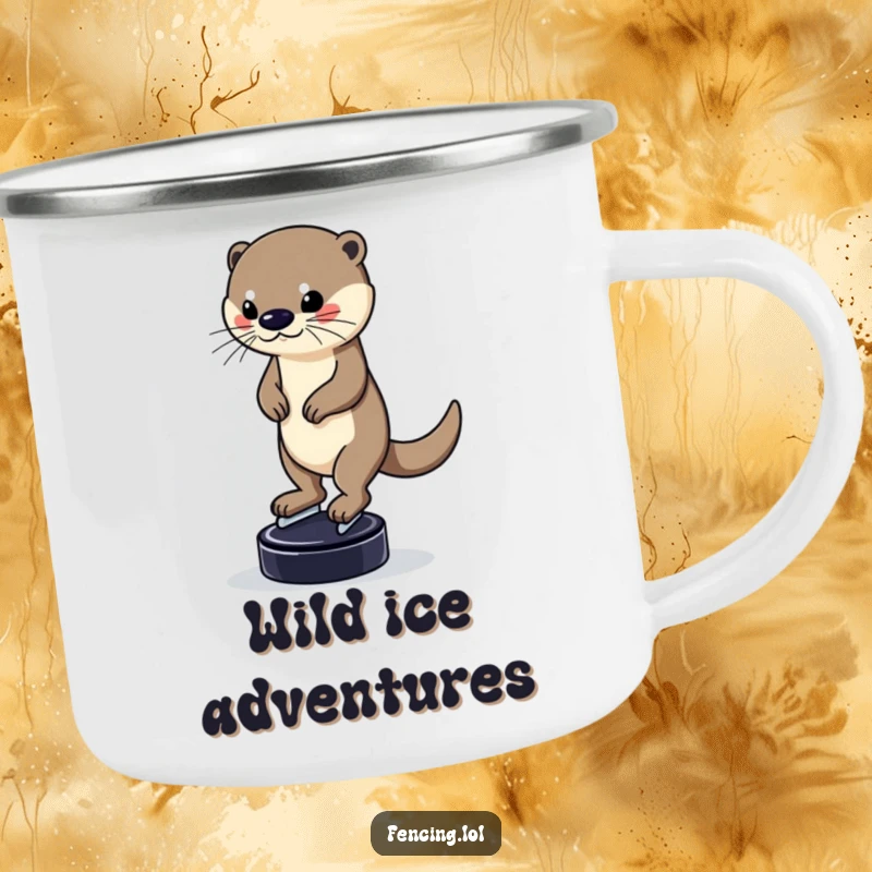 Funny camping mug with a determined otter balancing on a puck while skating, designed for outdoor use and adding a touch of impressive humor, a fantastic gift.